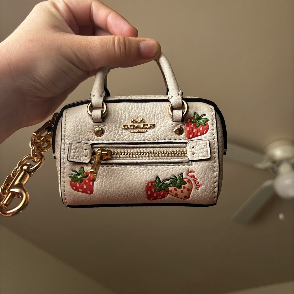 SOLD - Coach Cream Mini Satchel Keychain with Strawberry Print
